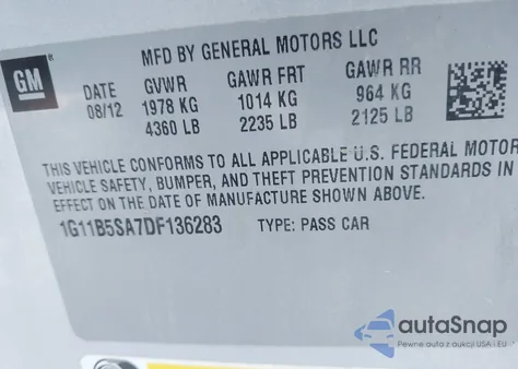 2013 Chevrolet Malibu 1Ls z USA, uszkodzony, nr VIN 1G11B5SA7DF136283